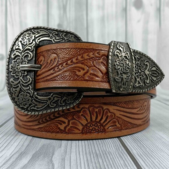 Premium Western Floral Embossed Hand Tooled Leather Belt for Men & Women - Picture 1 of 9